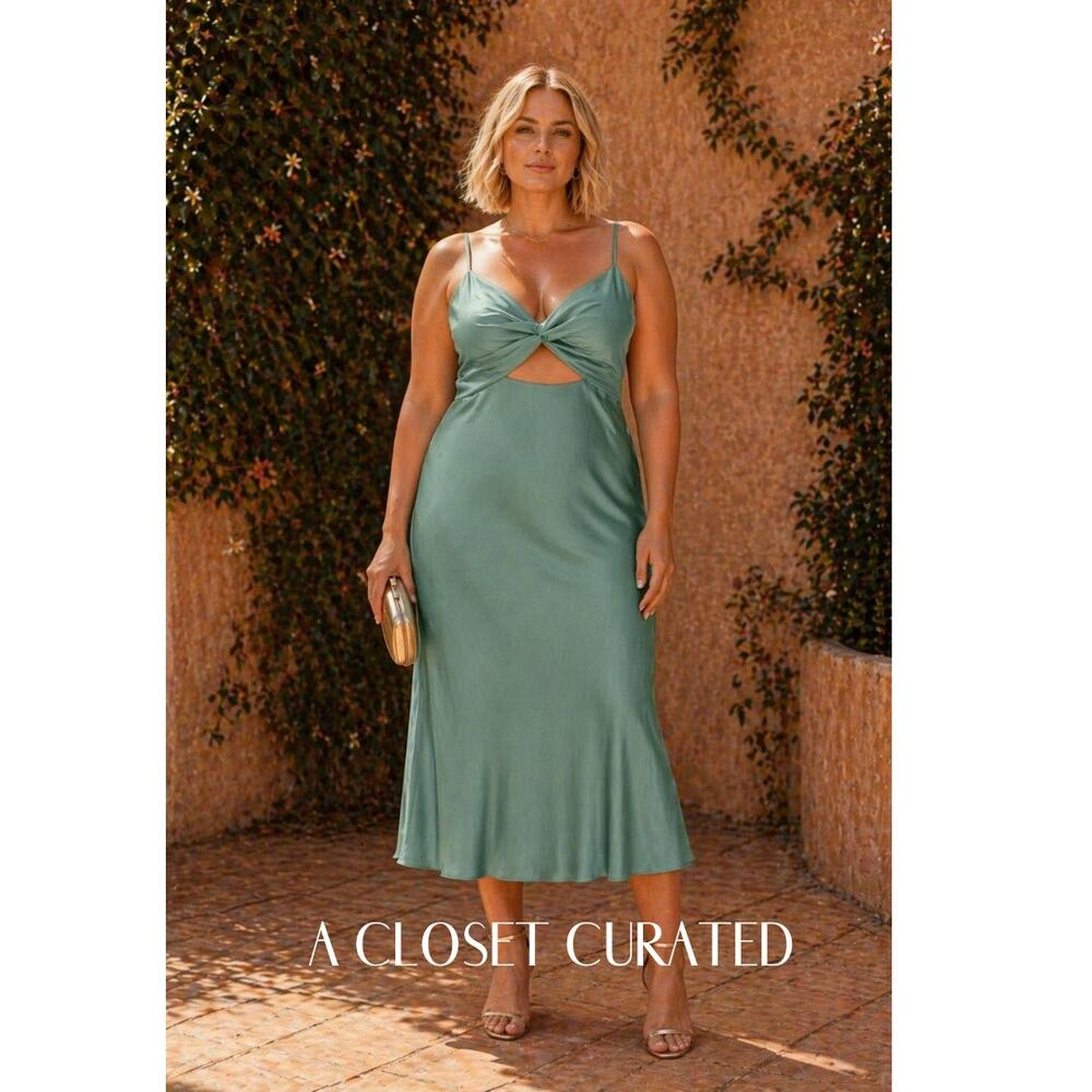 Jenny Yoo Adelaide Eucalyptus Satin Midi Dress Twist Front 16 Green NWT